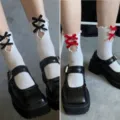 Japanese sweet Lolita white lace mid-tube socks with cute bowknot details, variant style. - One Size / 2 Pairs/Pack / White Socks with Black Bow & Red Bow