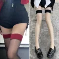 Sexy women thigh high socks over the knee spliced stockings contrast color hosiery slim fit. - One Size / Black Sheer with Red Trim & Nude Sheer with Black Trim
