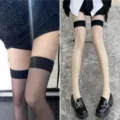 Women's over-the-knee thigh high stockings with contrast wide top band for sexy style. - One Size / Black Sheer with Black Trim & Nude Sheer with Black Trim