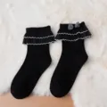 Black Lolita ruffled socks with cute plaid bow, sweet JK mid-tube socks for daily wear. - One Size / Black