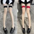Sexy thigh high stockings with contrast color top, sheer over-the-knee variant socks. - One Size / Nude Sheer with Red Trim & Nude Sheer with Black Trim