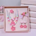 Kids pink beaded necklace bracelet princess flower hairclip ring cute jewelry set for girls - Dark Pink Peach Blossoms 6-Piece Set (Gift Box)