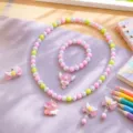 Details of cute unicorn cartoon pearl jewelry set necklace bracelet rings and earrings. - Unicorn Set / Clear Bag Packaging / Light Pink