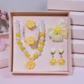 Kids yellow flower beaded necklace bracelet hairclip earrings ring jewelry gift box - Yellow Flowers 6-Piece Set (Gift Box)