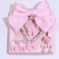 Children pink bow imitation pearl jewelry set detail showing necklace bracelet ring earrings - Gift Box / Pink