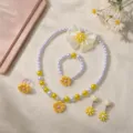 Kids cute flower pearl beaded necklace bracelet ring earrings hair clip jewelry set for girls. - Yellow Flower 6-Piece Set (Transparent Bag)