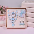 Kids blue flower pearl beaded necklace bracelet ring hair bow clip jewelry set gift box - Blue Flower 6-Piece Set [Gift Box]