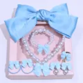 Kids sweet bow pearl jewelry set necklace bracelet ring earrings hair accessories gift - Gift Box / Light Blue