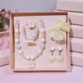 Kids pearl beaded necklace bracelet ring hair clip and floral earrings princess jewelry set - White Flower 6-Piece Set [Gift Box]