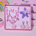 Kids princess necklace bracelet earrings hair clip gift set cute pink shell pearl jewelry - Gradient Light Purple 6-Piece Set (Gift Box Packaging)