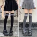 Japanese style JK over-the-knee long socks with double stripes, cute college student thigh-high socks. - One Size / Black Over-the-Knee & Grey Over-the-Knee
