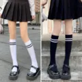 Japanese JK style double stripe calf socks for women, black and white color variants. - One Size / White and Black