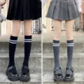 Japanese style JK pleated skirt with two stripe calf socks, classic student knee high socks. - One Size / Black and Gray