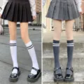 Japanese style JK school uniform calf socks with double stripes, comfortable cotton knitwear. - One Size / White + Gray