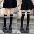 Black two-stripe knee-high socks Japanese college style JK socks for women daily fashion wear. - One Size / Black Over-the-Knee & Calf Socks