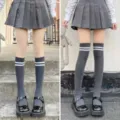 Grey two-stripe JK college style long socks women's pleated skirt matching daily cute hosiery - One Size / Grey Over-the-Knee & Grey Calf-Length