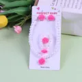 Children pink rose flower pearl necklace bracelet earrings set detailed product view display. - Rose Flower 5-Piece Set (Cardboard Pack)