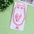 Cute pink pearl necklace bracelet earrings set detail shot, lovely children jewelry accessory. - Pink Straw Hat 5-Piece Set (Cardboard Pack)