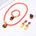 Kids Halloween pumpkin cat beaded necklace bracelet ring earrings jewelry set for girls. - #13 Pumpkin & Black Cat 5-Piece Set (in Clear Bag)