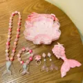 Kids mermaid jewelry set pink shell bag pearl necklace bracelet earrings cute girls gift toy - Pink Mermaid Tail
