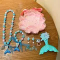 Kids mermaid jewelry set pink shell bag pearl necklace bracelet earrings ring set for girls - Blue Mermaid Tail