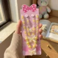 Children pink bow pearl jewelry set necklace bracelet earrings cute accessories detail view - Butterfly 5-Piece Set / Backing Card Included / Yellow