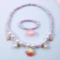 Kids mermaid pearl necklace and bracelet set, cute shell starfish charms, sweet toddler jewelry. - Shell 2-Piece Set (Cardboard) / Pink