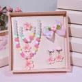 Kids princess beaded necklace bracelet flower hair clip ring jewelry set for girls gift - Peach Pink 6-Piece Set (Gift Box)