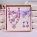 Kids princess beaded necklace bracelet ring hair clip earrings set cute flower girl jewelry - Purple Flowers 6-Piece Set (Gift Box)
