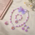 Children beaded necklace bracelet set cute princess flower hair clips rings earrings detail - Purple Flower 6-Piece Set (Transparent Bag)