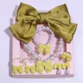 Kids pearl necklace bracelet bow hair accessories gift box set for sweet little girls - Gift Box / Turmeric