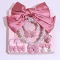 Kids pink bow pearl necklace bracelet ring hair clips jewelry gift set exquisite details. - Gift Box / Korean Pink