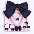 Children sweet bow pearl necklace bracelet ring earrings set girls dress up hair accessories detail view - Gift Box / Black