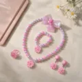 Children pink beaded necklace bracelet ring earrings hair clip cute princess jewelry set - Pink Flower 6-Piece Set (Transparent Bag)
