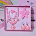 Kids Pink Shell Starfish Jewelry Gift Set Necklace Bracelet Ring Hair Clip Princess Party Set - Gradient Light Pink 6-Piece Set (Gift Box Packaging)