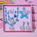 Kids shell starfish pearl jewelry set princess necklace bracelet ring hair clip gift - Gradient Lake Blue 6-Piece Set (Gift Box Packaging)