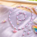 Kids cartoon pearl necklace bracelet earrings ring set cute princess fashion jewelry - Angel Heart Set / Clear Bag Packaging / Pink