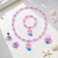 Children pink mermaid necklace bracelet ring earrings set cute pearl beaded jewelry for girls - OPP Bag / Pink