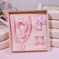 Children pink beaded necklace bracelet princess flower jewelry set for little girls cute gifts - Pink Flower 6-Piece Set [Gift Box]