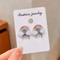 Cute rainbow cloud clip-on earrings for kids girls non pierced sweet resin rhinestone jewelry - Cartoon Rainbow Pair (Cardboard Packaging)