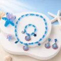 Kids blue seashell pearl necklace bracelet ring earrings hair clip jewelry set gift - Gradient Lake Blue 6-Piece Set [Transparent Bag]