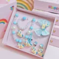 Children unicorn necklace bracelet ring hair clip earrings gift box set cute jewelry - Blue Unicorn 7-Piece Set / Gift Box / Blue
