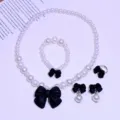 Kids pearl necklace bracelet ring clip-on earrings set sweet black bow jewelry for little girls - 5-Piece Set (Transparent Bag) / Black