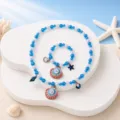 Kids blue ocean style jewelry set necklace and bracelet with shell and starfish charms - Gradient Lake Blue 2-Piece Set (Transparent Bag)