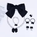 Girls sweet black bow pearl necklace bracelet ring earrings hair accessories set - 6-Piece Set (Transparent Bag) / Black