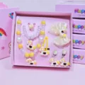 Children unicorn necklace bracelet gift box set, cute cartoon princess jewelry for girls. - Yellow Unicorn 7-Piece Set / Gift Box / Yellow