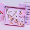 Kids Cartoon Pony Jewelry Gift Set Necklace Bracelet Ring Hair Clip Princess Accessories - Mocha Unicorn 7-Piece Set / Gift Box / Mocha
