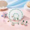 Kids mermaid shell pearl necklace bracelet earrings ring set green pink variant for girls - Gradient Light Green 6-Piece Set (Transparent Bag)