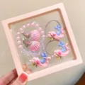 Cute children mermaid jewelry set with cartoon shell earrings bracelet hair ties gift box - Pink Mermaid (Includes Box) / Pink