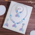 Kids Mermaid Tail Beaded Jewelry Set Necklace Bracelet Earrings Cute Princess Accessories - Gradient Blue-Purple 5-Piece Set [Transparent Bag]